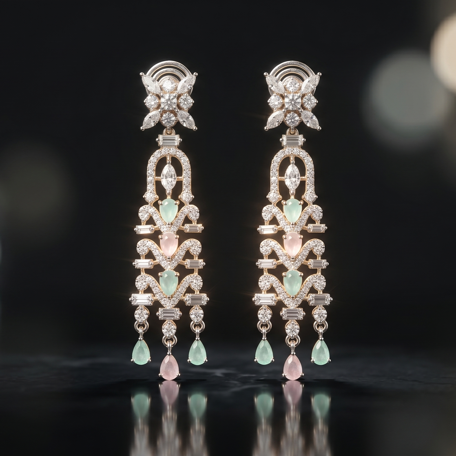 Pair of elegant earrings with gemstones on a reflective surface with blurred lights in the background