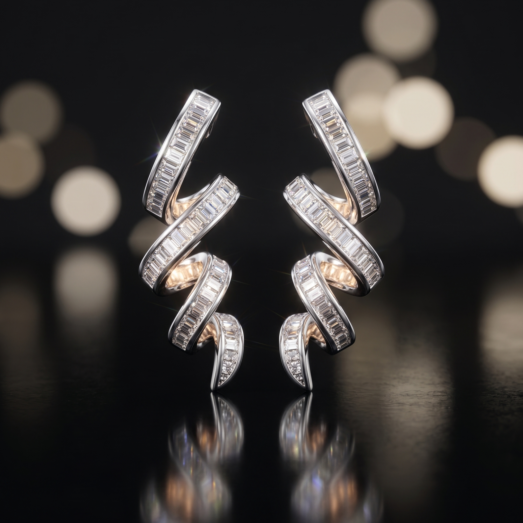 Pair of silver earrings with diamond accents on a reflective surface with blurred lights in the background