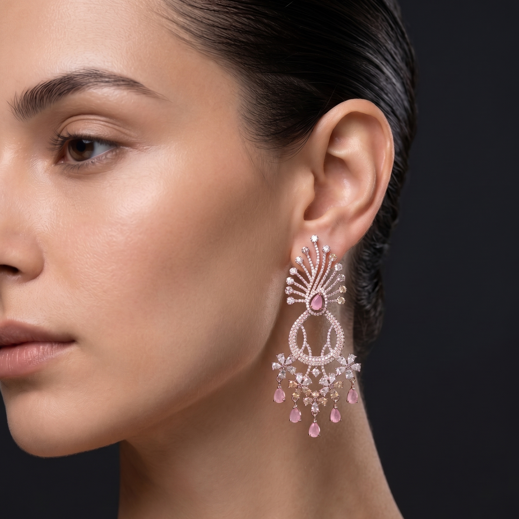 Close-up of a woman wearing a pair of ornate earrings with pink gemstones on a dark background.