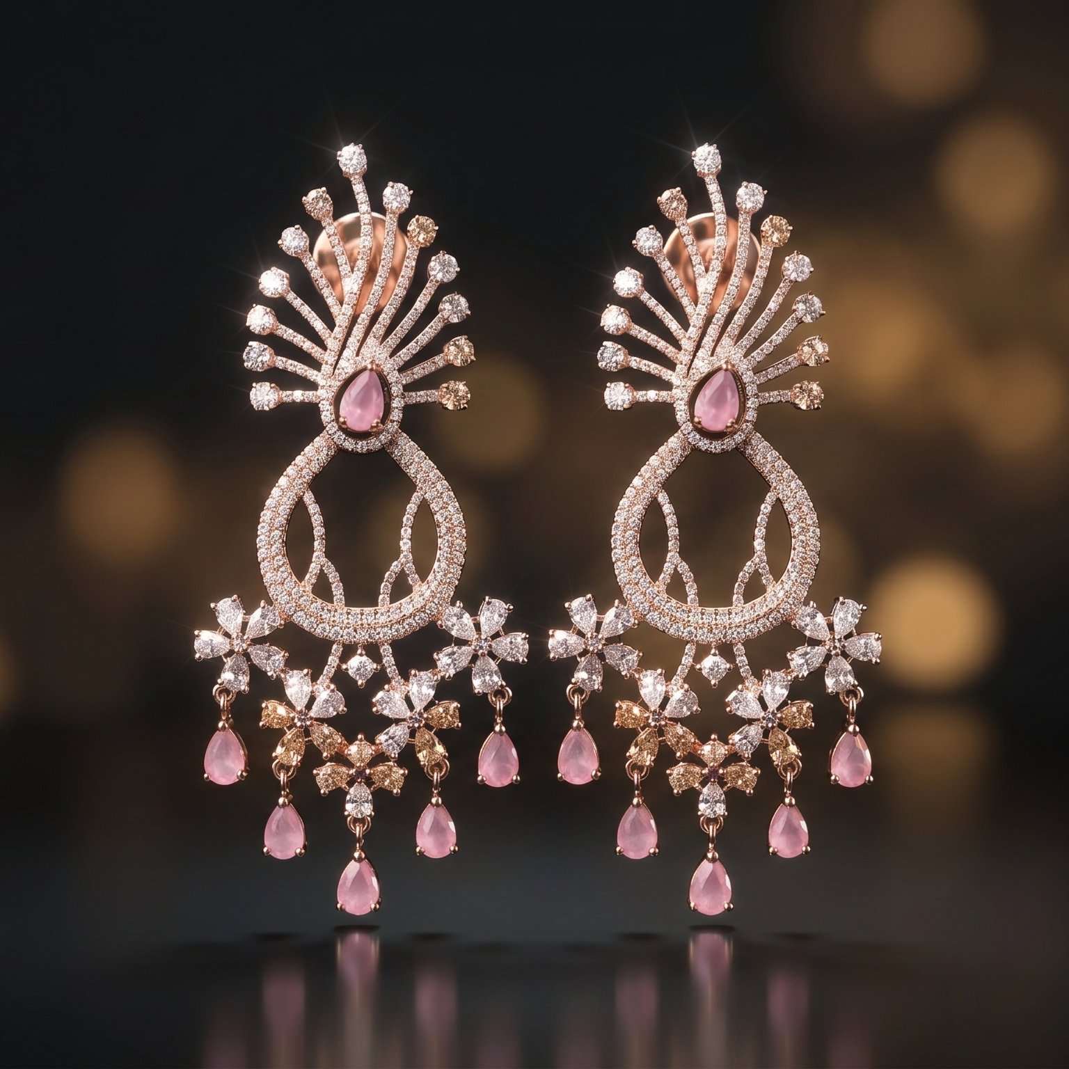 Pair of ornate earrings with pink gemstones on a dark background