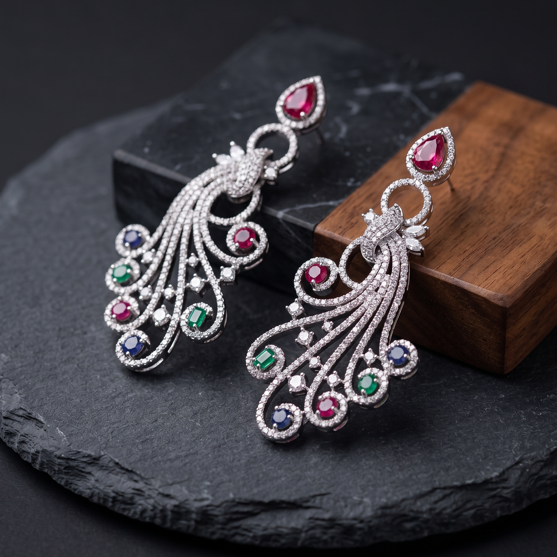 Ornate earrings with gemstones on a dark surface