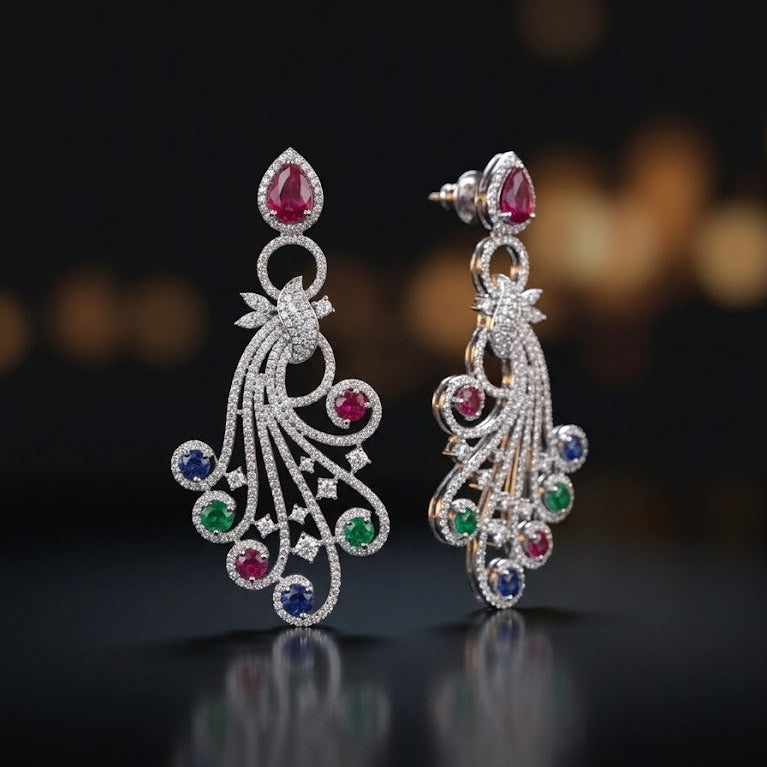 Pair of ornate earrings with gemstones on a dark background