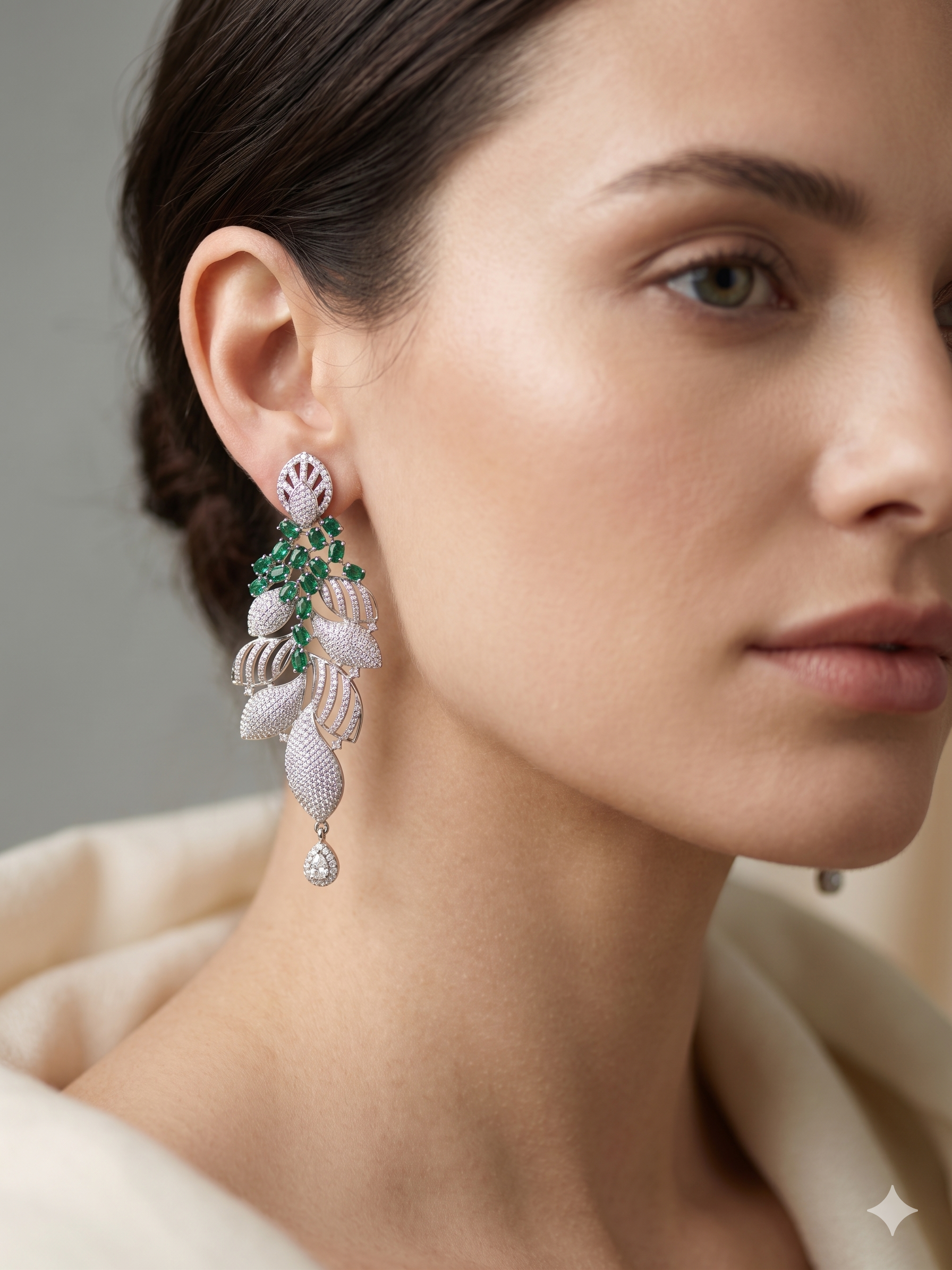 Close-up of a woman wearing a pair of earrings with a neutral background