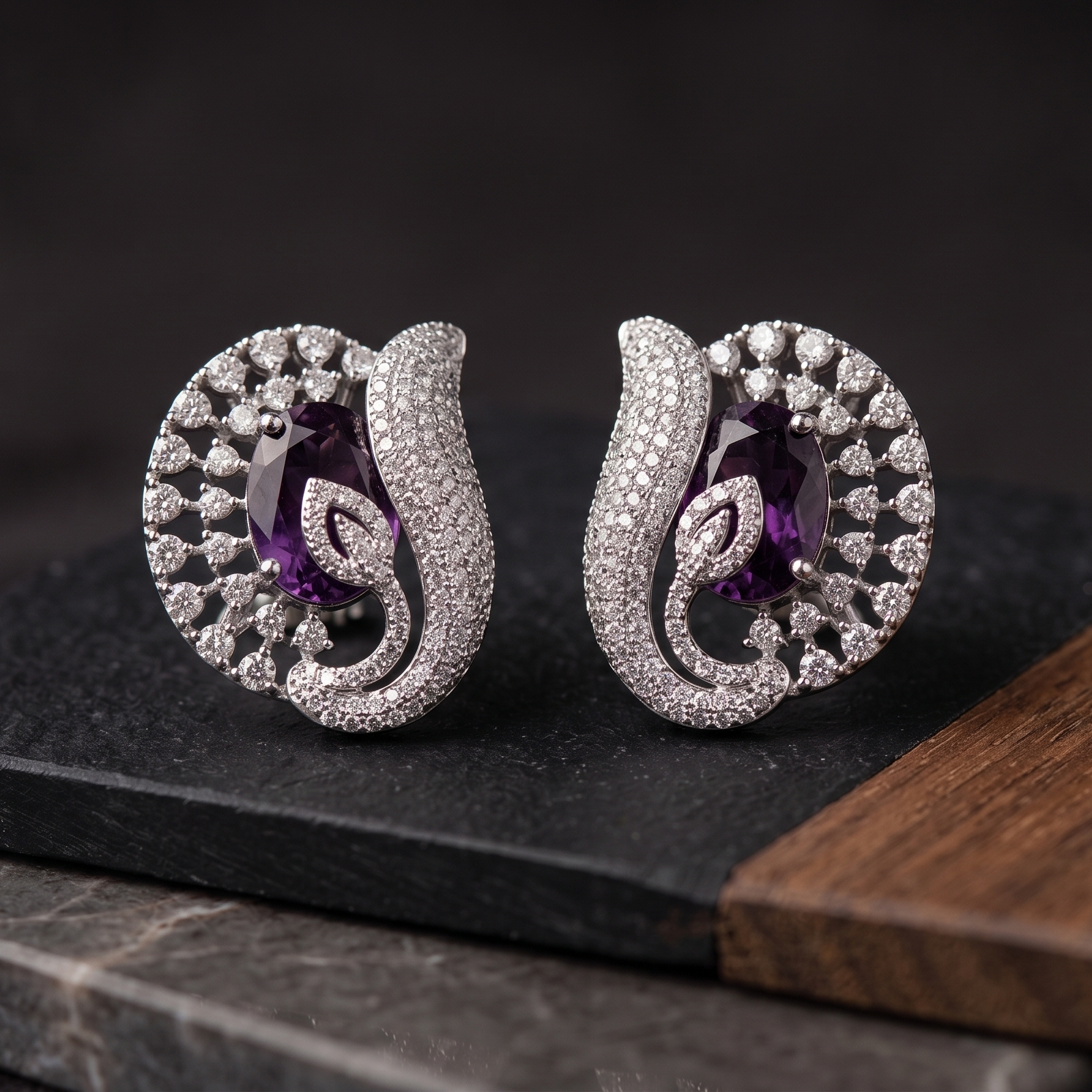 Pair of silver earrings with purple gemstones on a dark surface