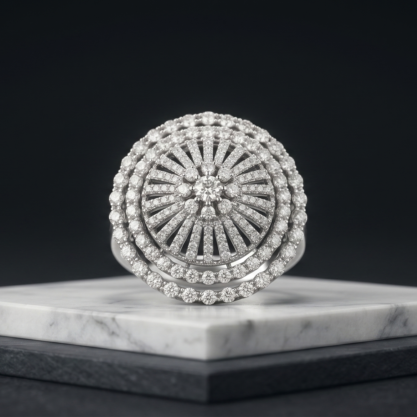 Round diamond ring on a marble stand with a black background