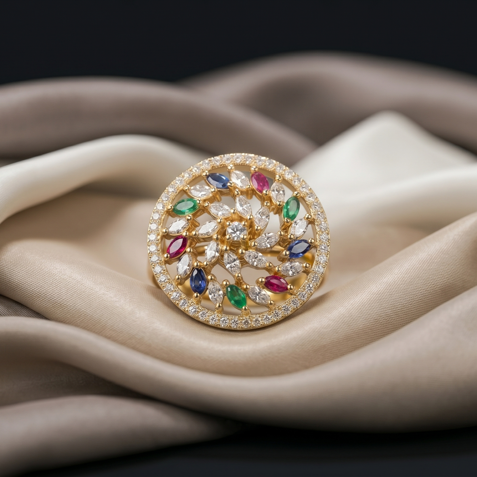 Elegant ring with colorful gemstones on a soft fabric background