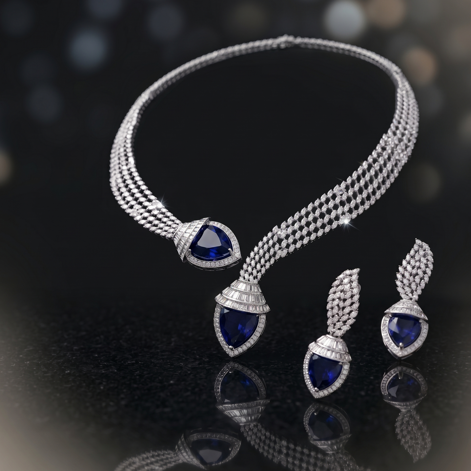 Silver necklace and earrings with blue gemstones on a dark background