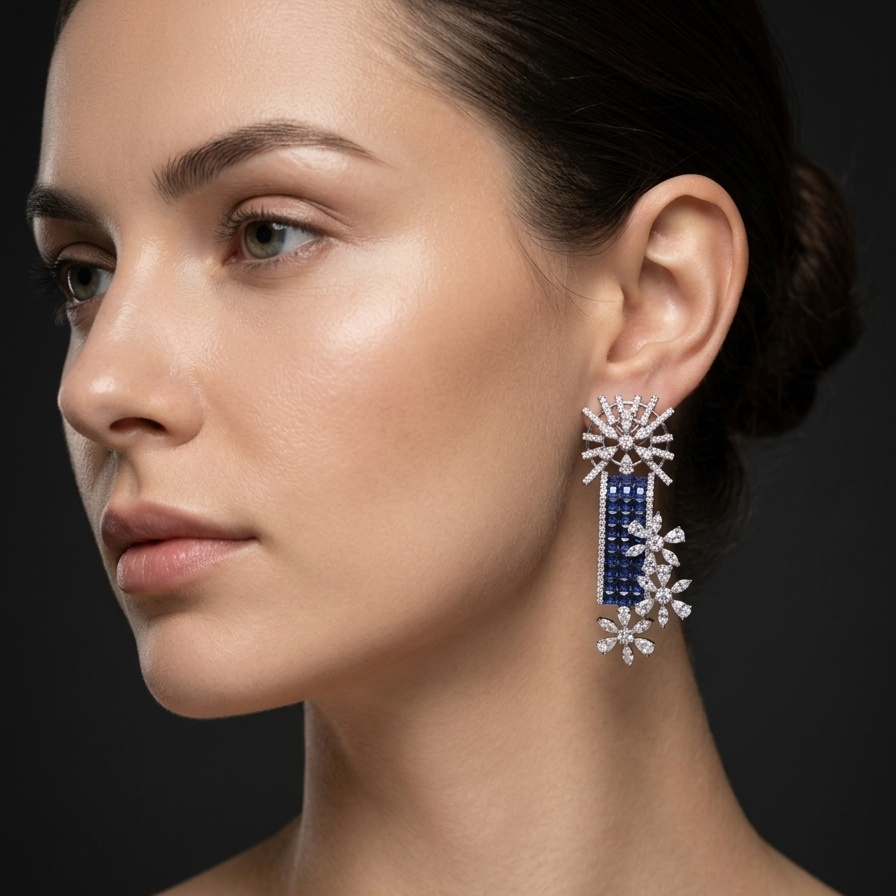 Close-up of a woman wearing a blue and silver earring against a dark background