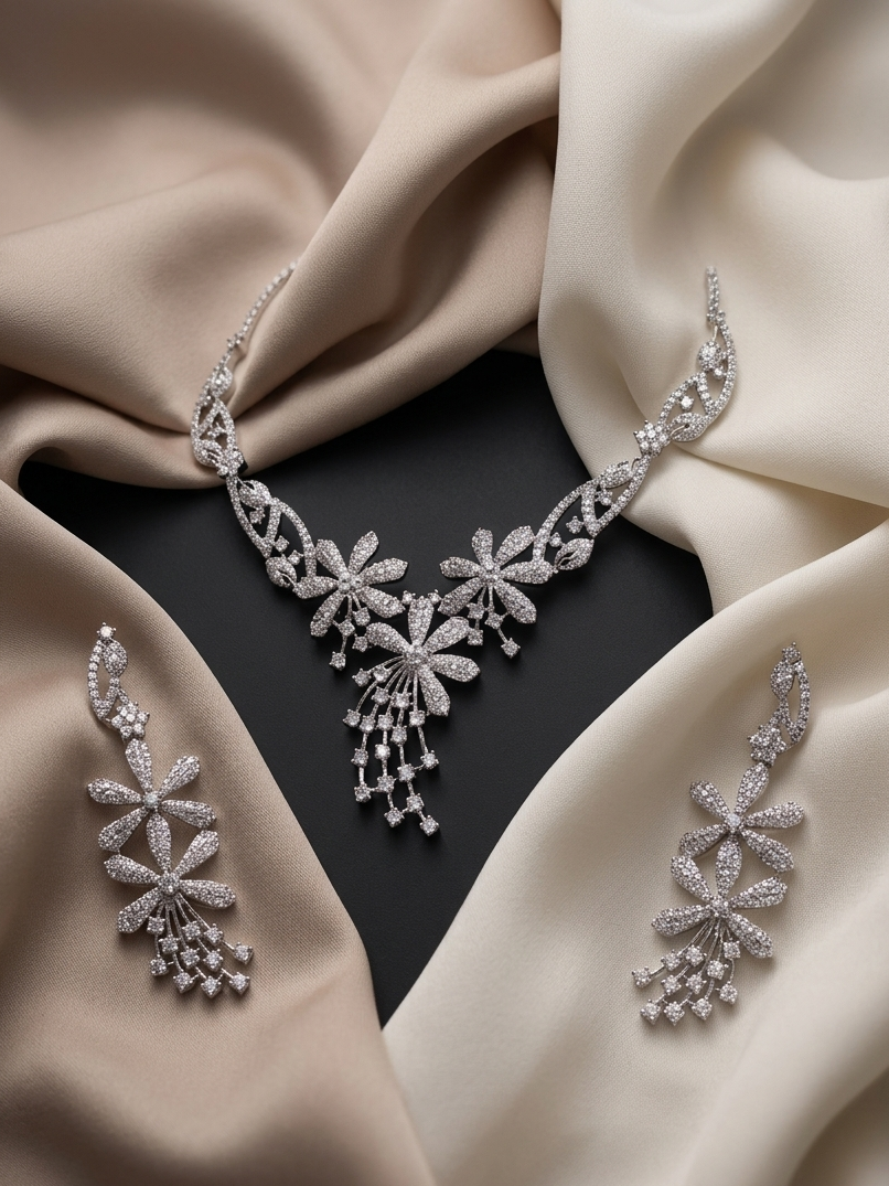 Elegant silver necklace and earrings on beige fabric