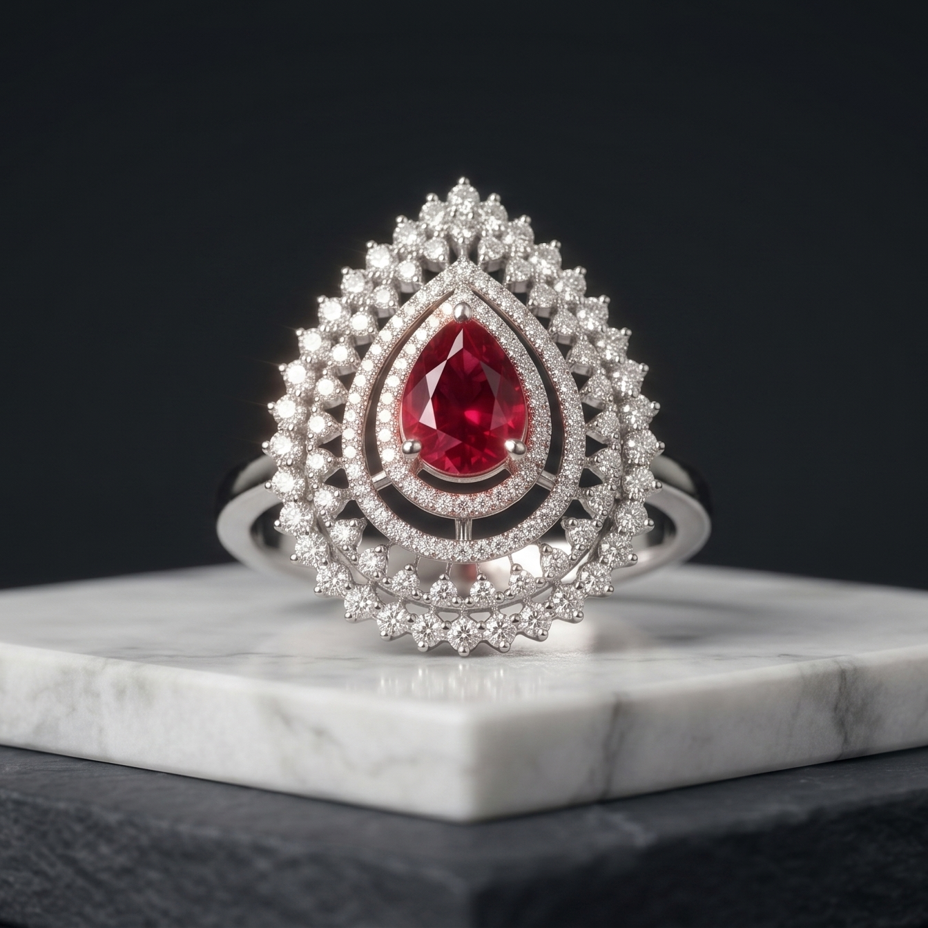 Elegant ring with a red gemstone on a marble stand against a black background