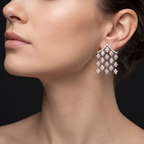 Close-up of a woman wearing diamond earrings with a black background