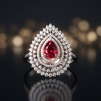 Diamond ring with a red gemstone on a dark background