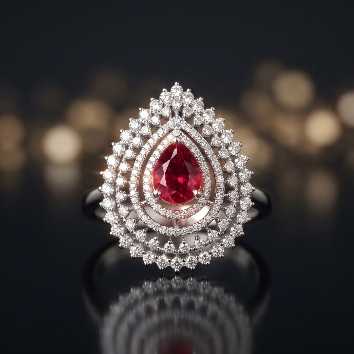 Diamond ring with a red gemstone on a dark background