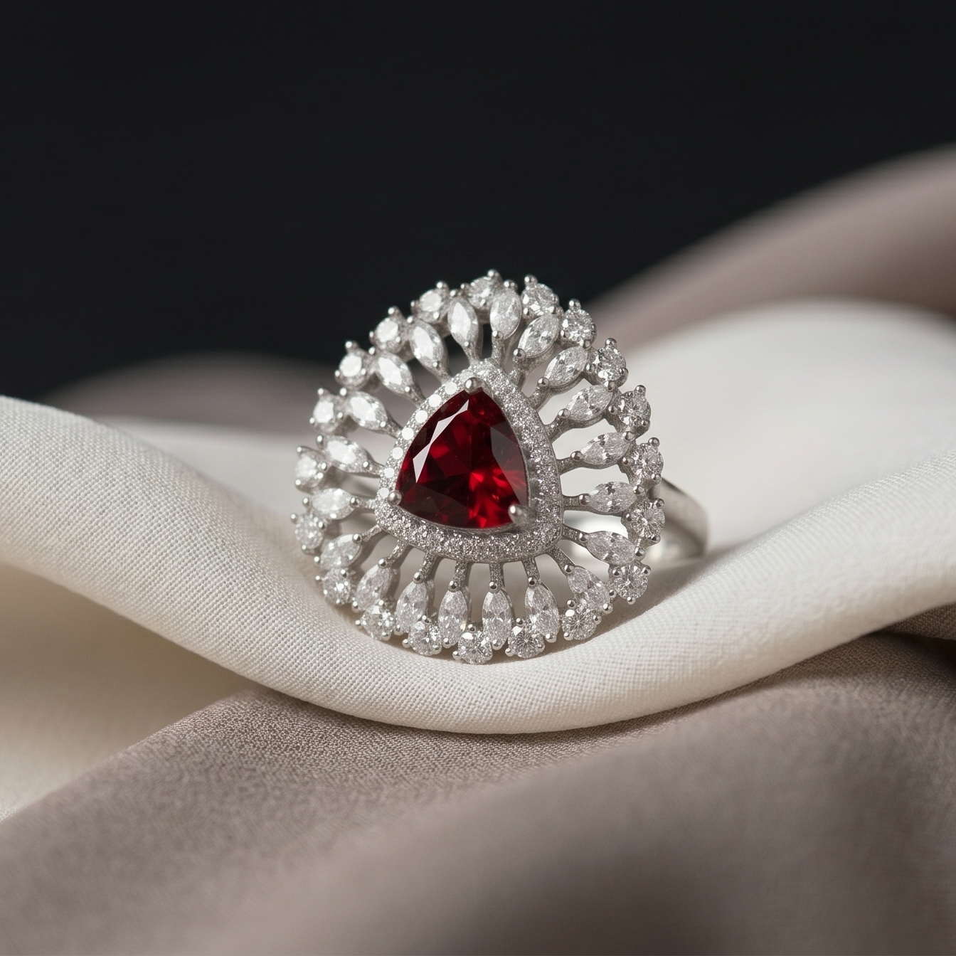 Silver ring with a red gemstone on a white fabric background