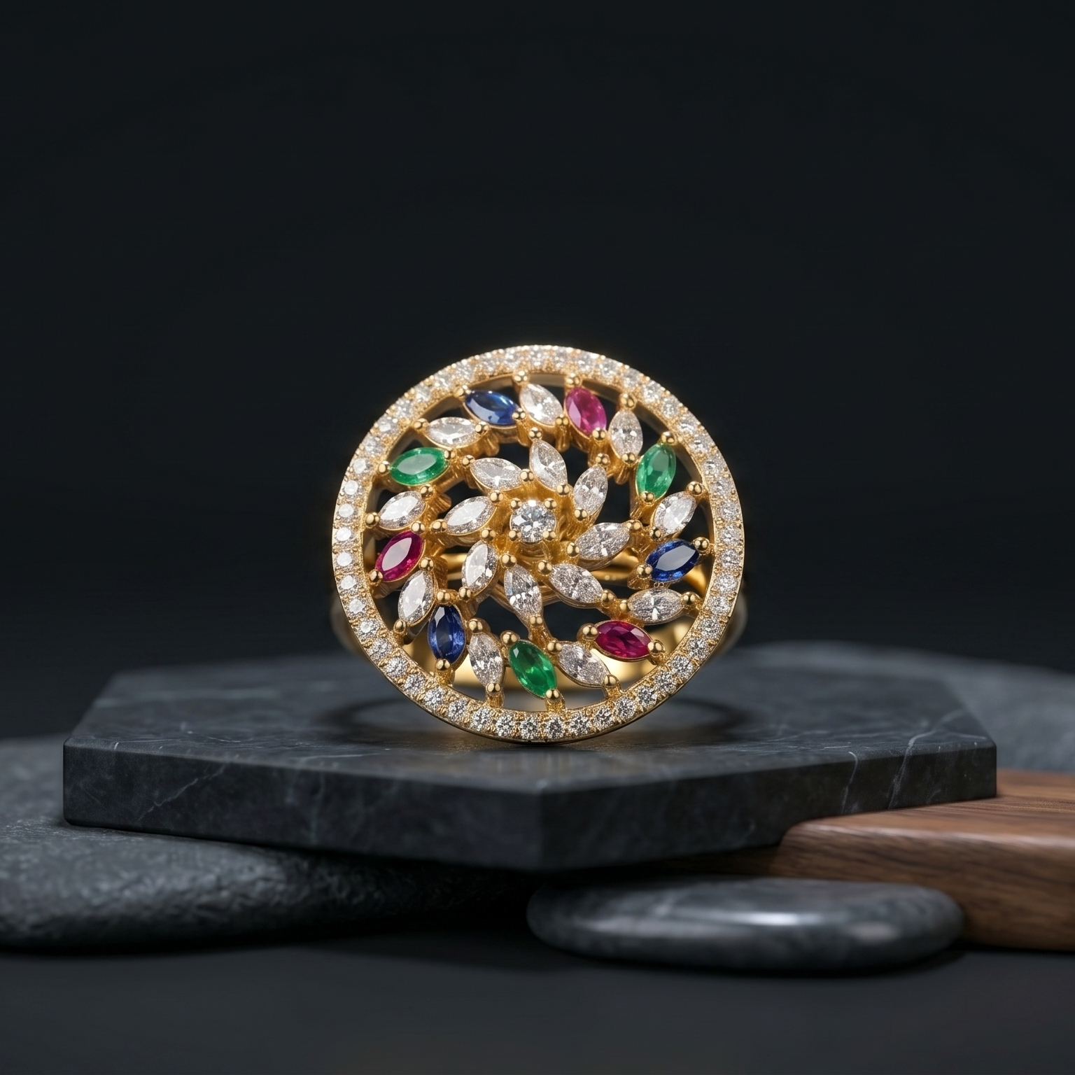 Decorative circular object with colorful gemstones on a dark background