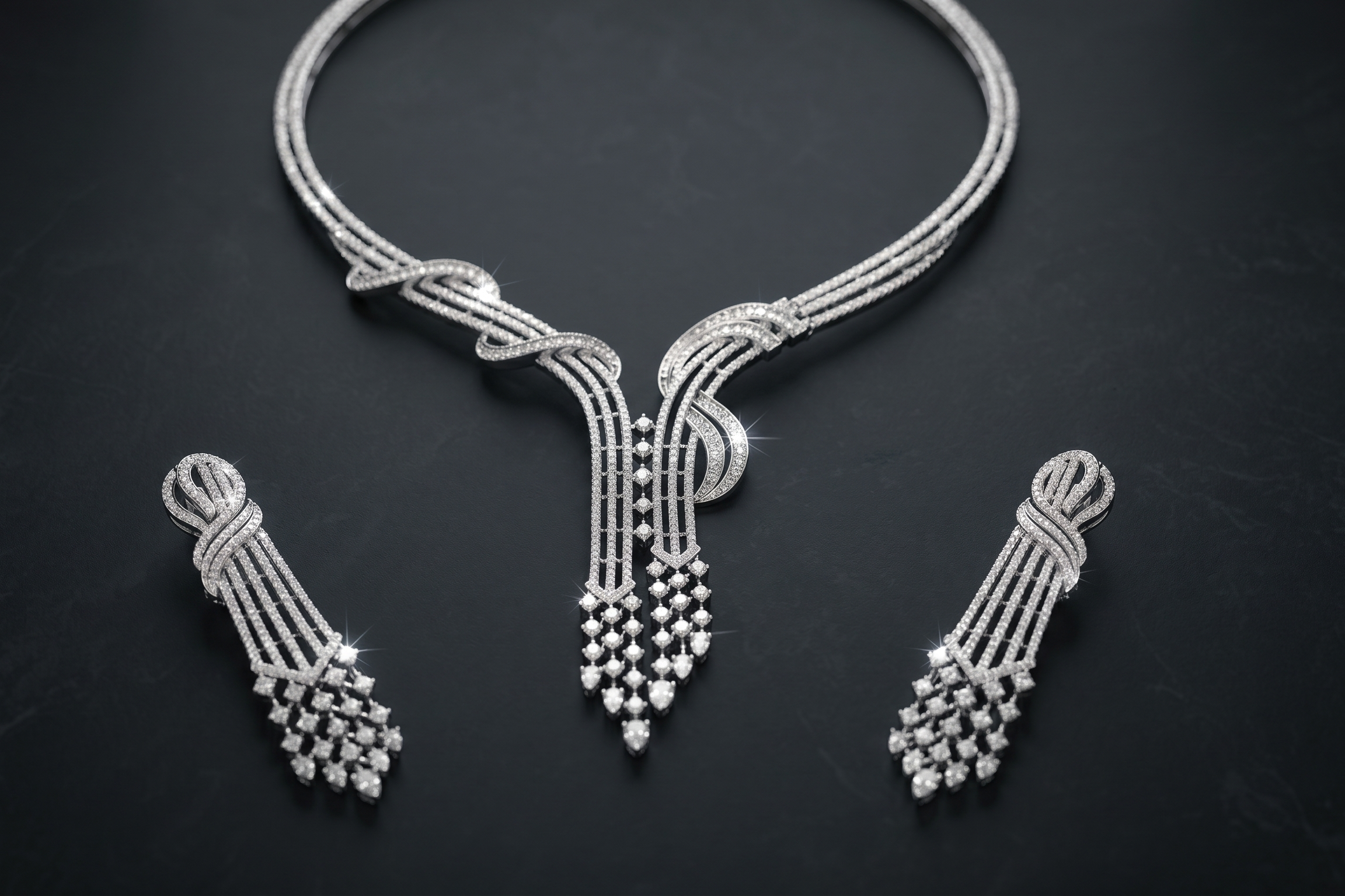 Silver necklace and earrings set on a dark textured background