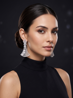 Woman wearing silver earrings against a dark background