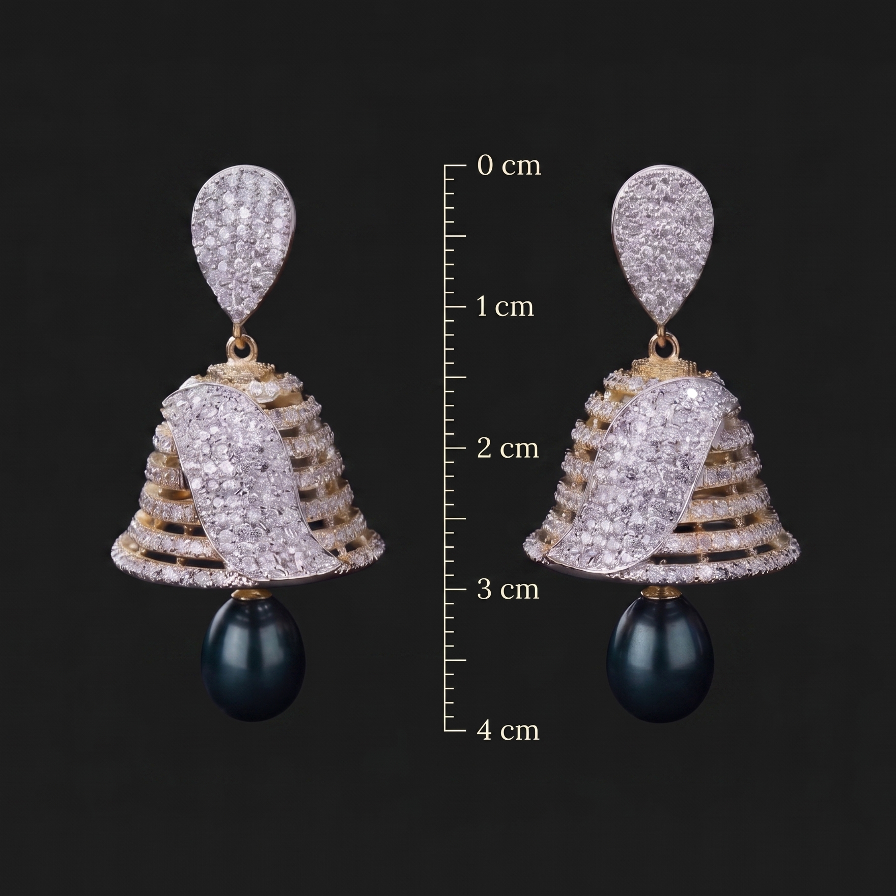 Ornate earrings with black beads and measurement scale on a dark background