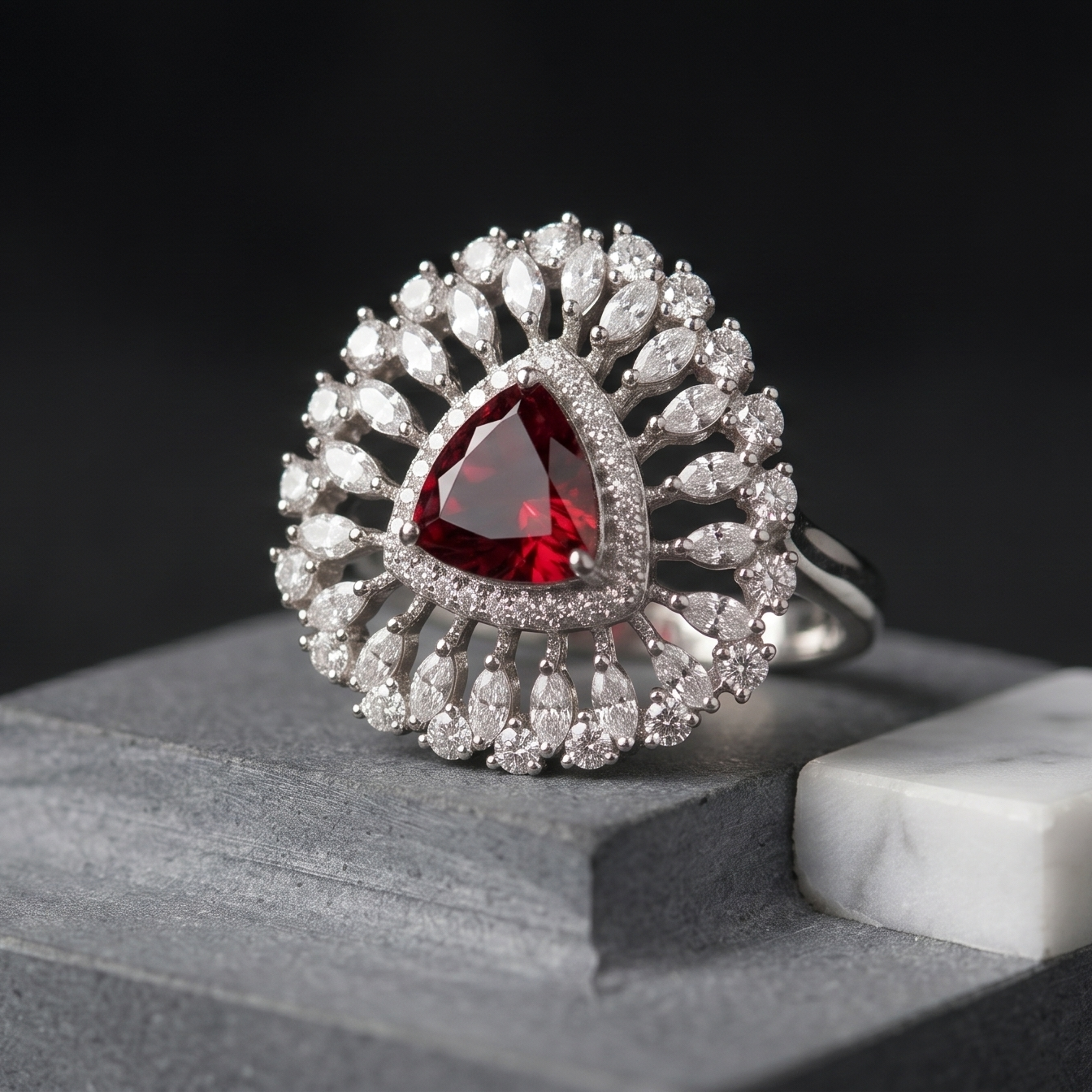 Diamond ring with a red gemstone on a dark background