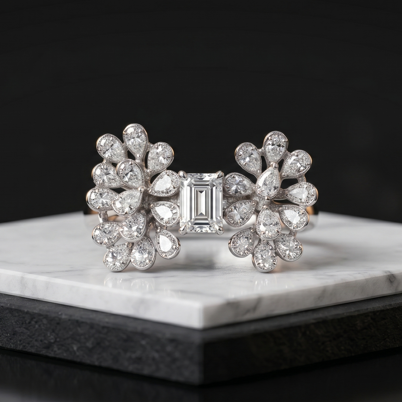 Diamond ring on a marble stand with a black background
