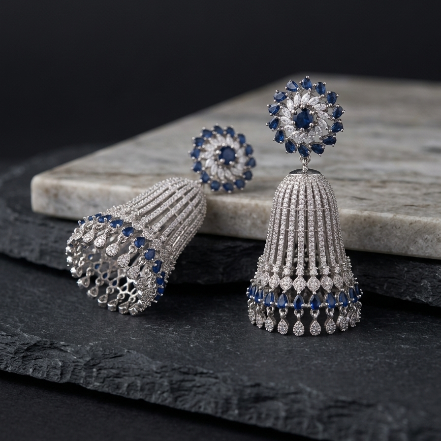 Silver jhumka earrings with blue gemstones on a dark surface