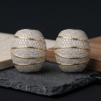 Pair of silver and gold earrings on a dark surface with a black background