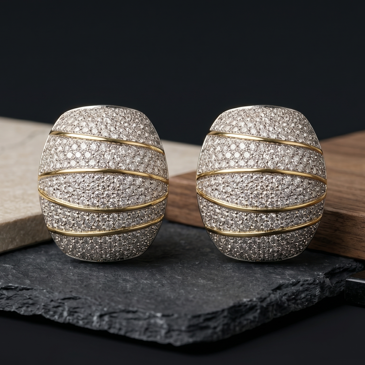 Pair of silver and gold earrings on a dark surface with a black background