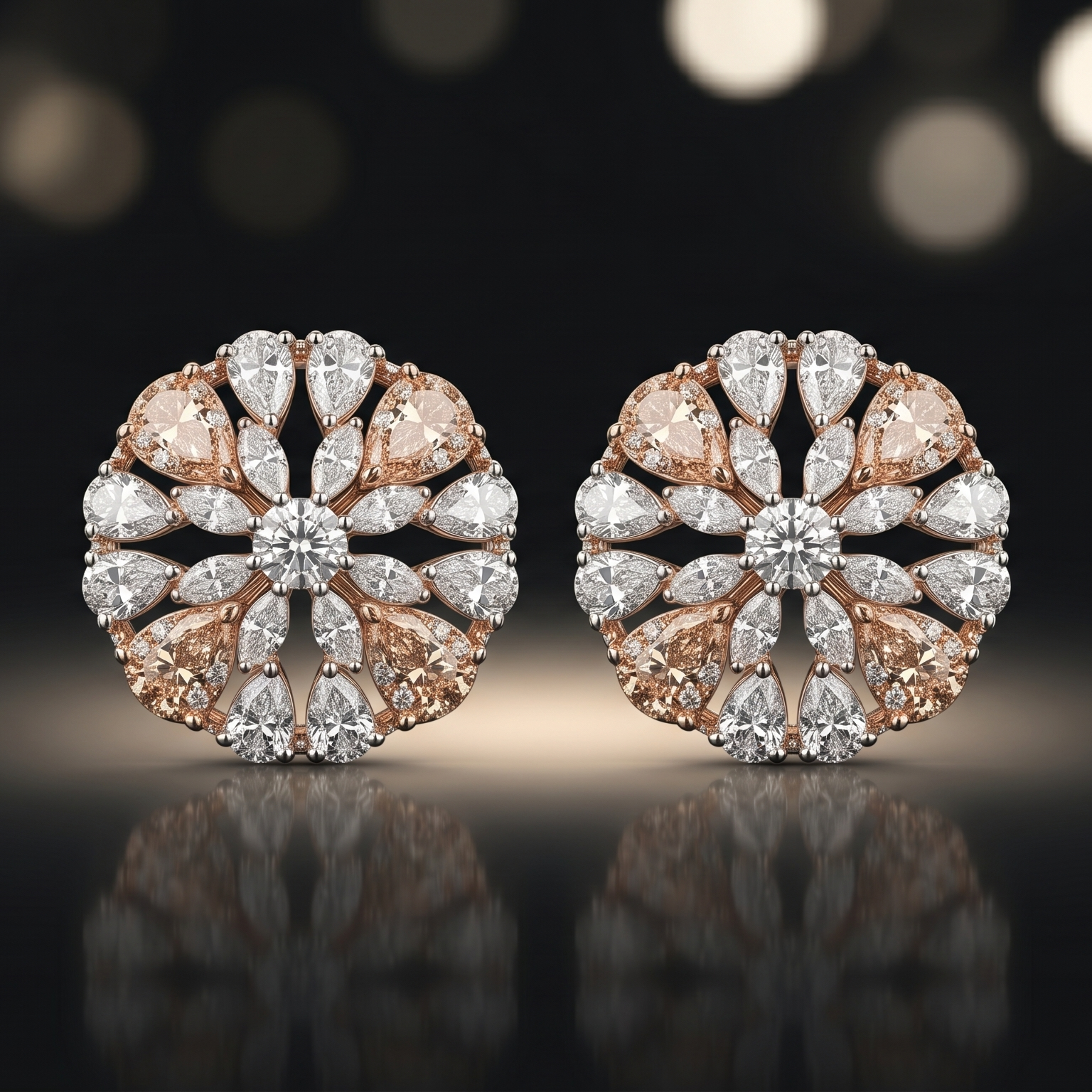 Pair of diamond earrings on a reflective surface with a dark background