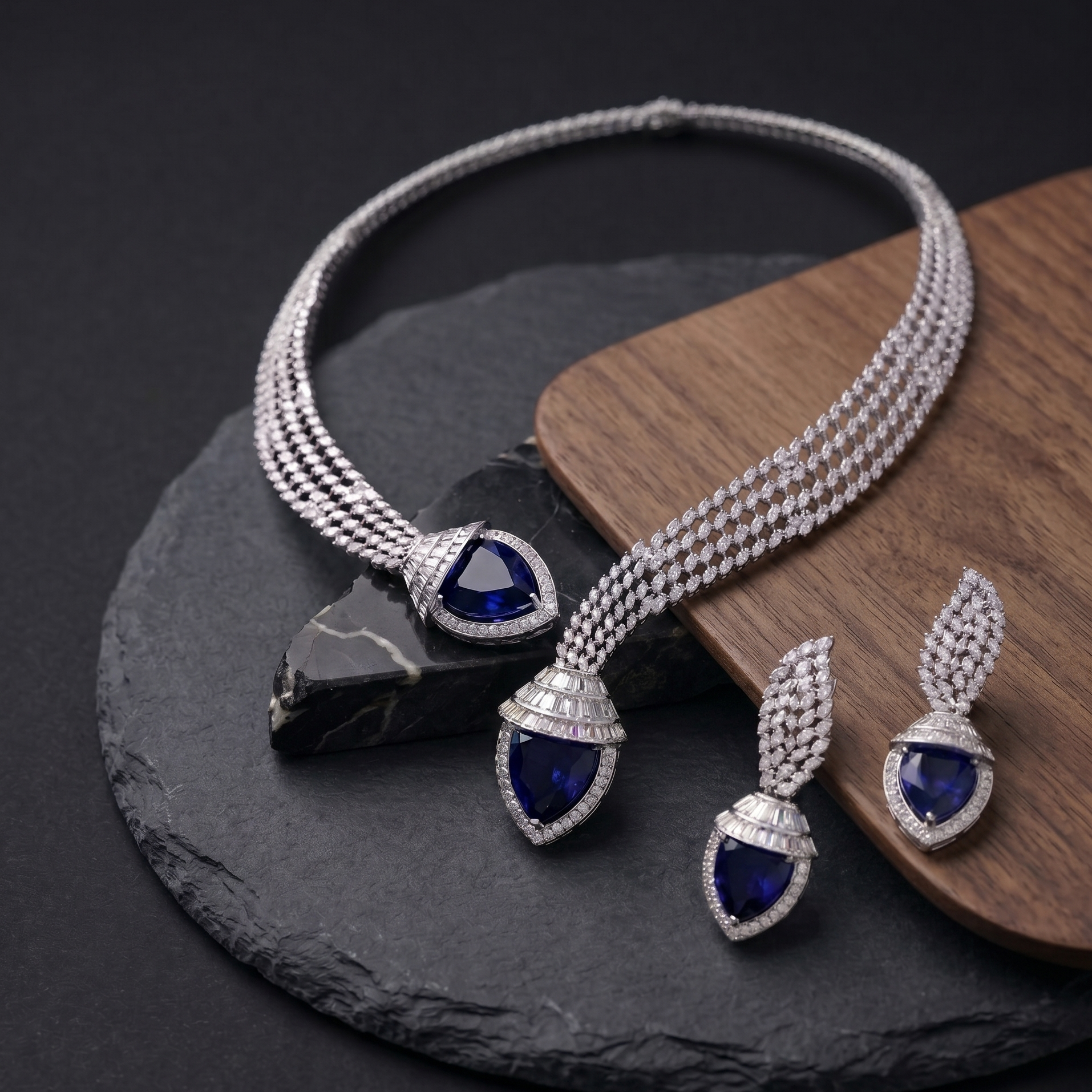 Jewelry set with necklace and earrings featuring blue gemstones on a dark surface.