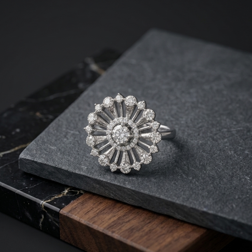 Silver ring with diamond accents on a dark surface