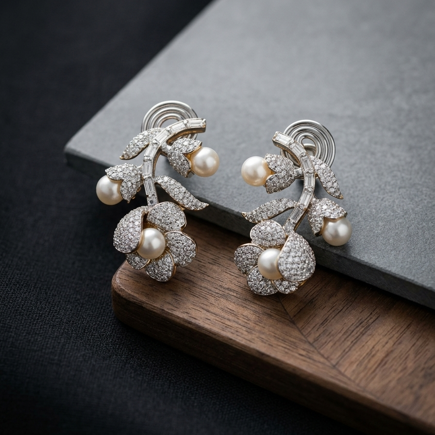 Pair of ornate earrings with pearls on a dark surface