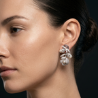Close-up of a woman wearing a delicate earring with a dark background