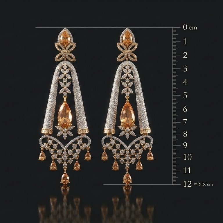 Pair of gold and diamond earrings with a measurement scale on a black background