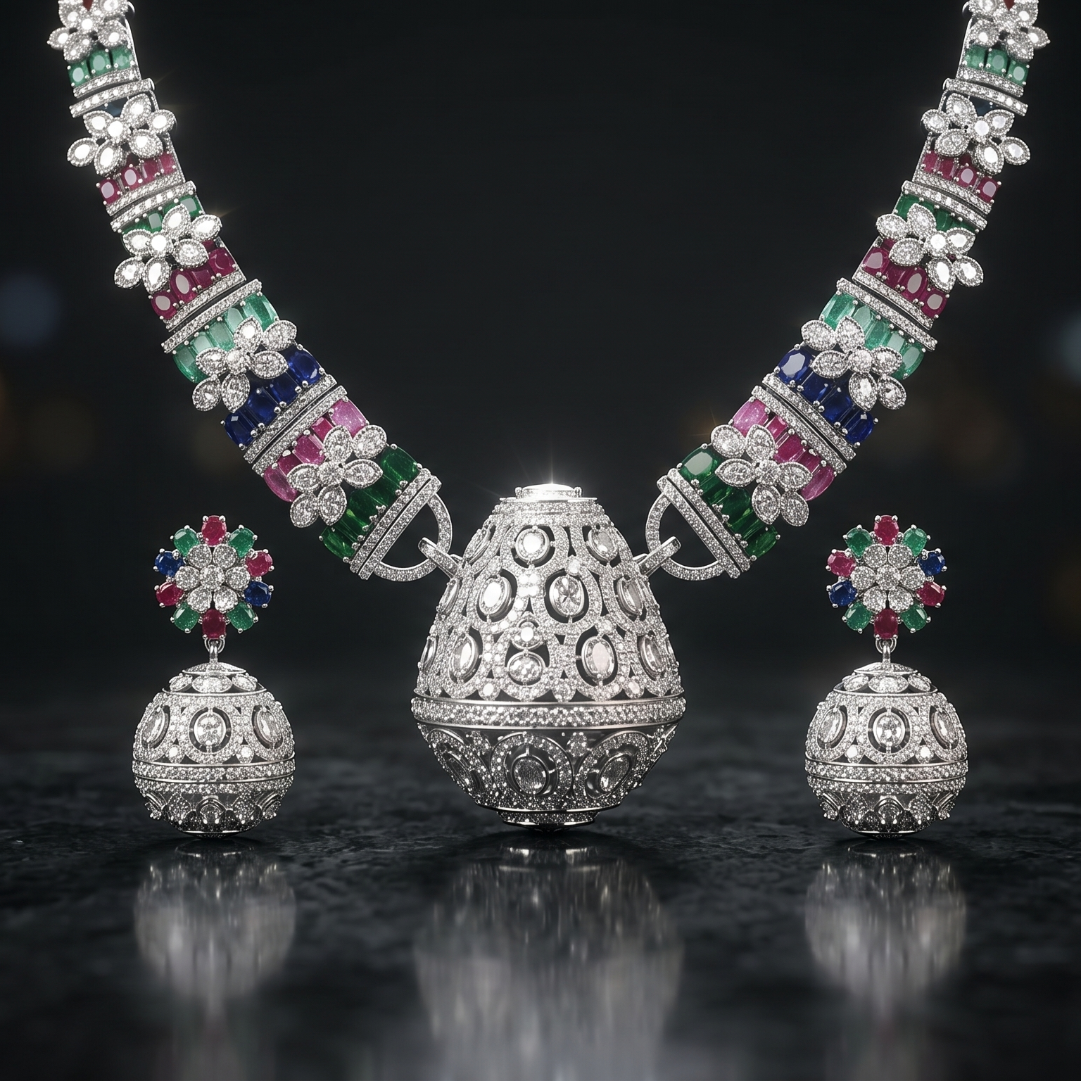 Jewelry set with necklaces, earrings, and a pendant on a reflective surface with blurred lights in the background.