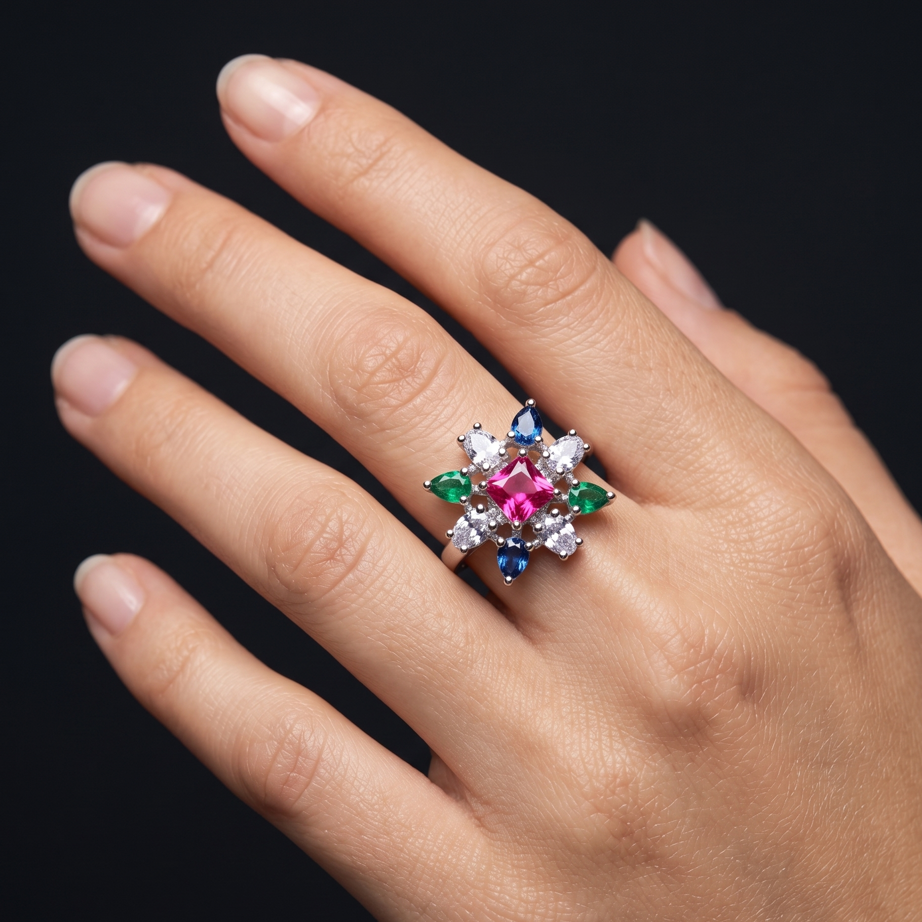 Hand wearing a ring with multicolored gemstones on a black background