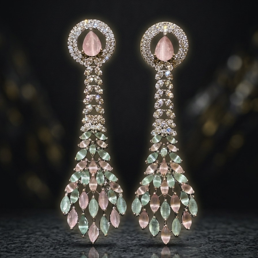 Pair of elegant earrings with gemstones on a reflective surface.