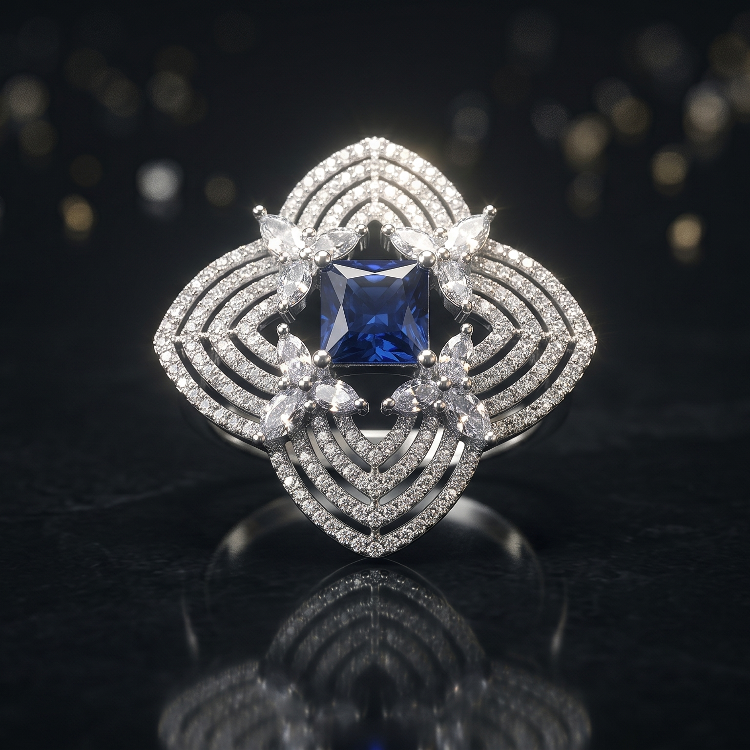 Diamond ring with a blue gemstone on a reflective black surface