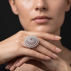 Close-up of a woman's hand wearing a silver ring with a dark background