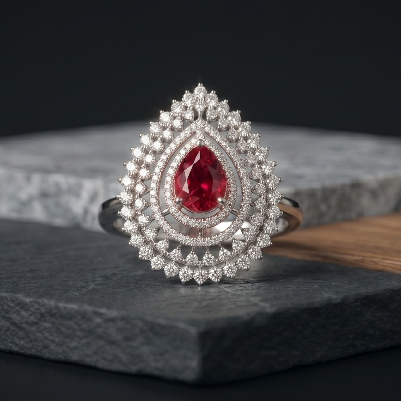 Teardrop-shaped ring with a red gemstone on a dark surface