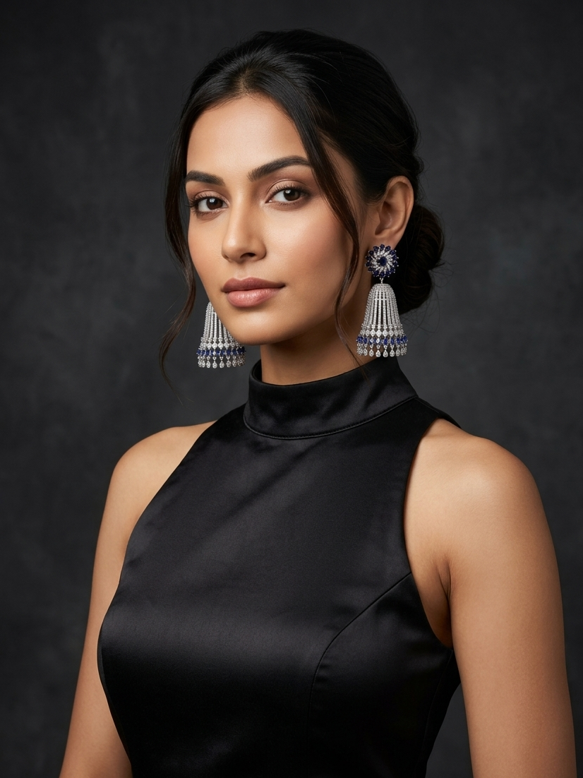 Woman wearing a black dress and large earrings against a dark background