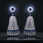 Pair of silver earrings with blue gemstones on a dark background