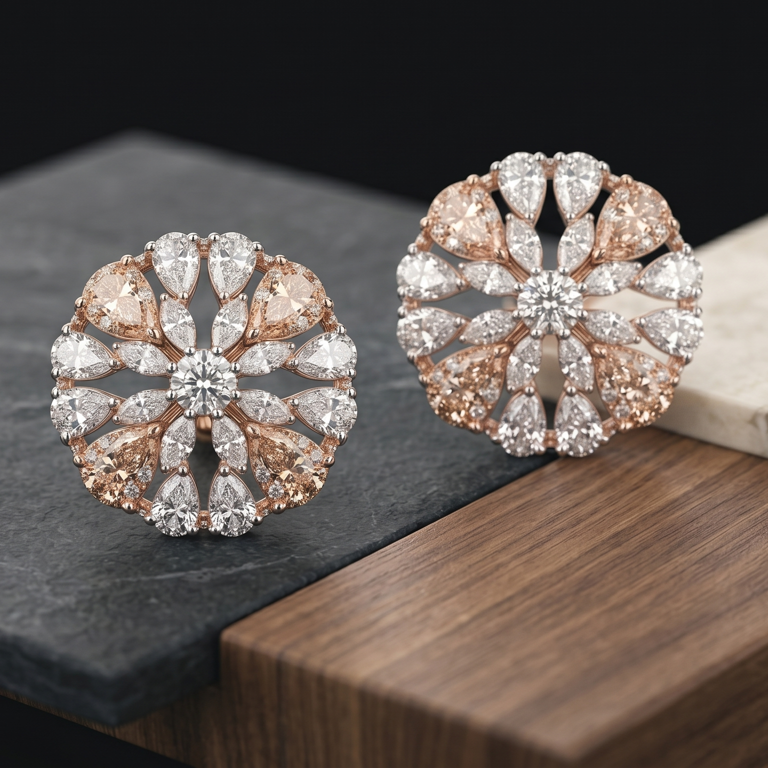 Pair of rose gold and diamond earrings on a dark surface