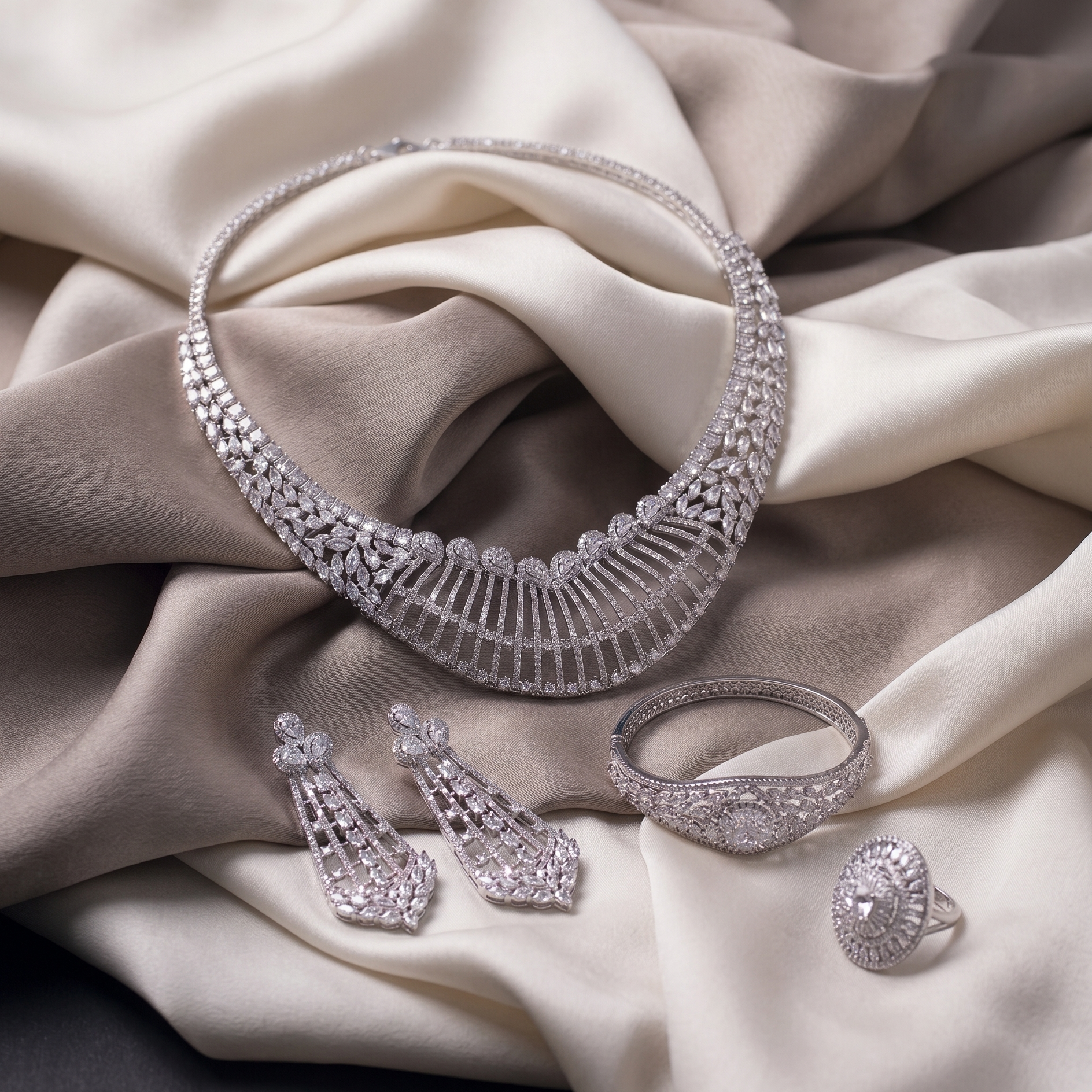 Silver jewelry set including necklace, earrings, and ring on a beige fabric background
