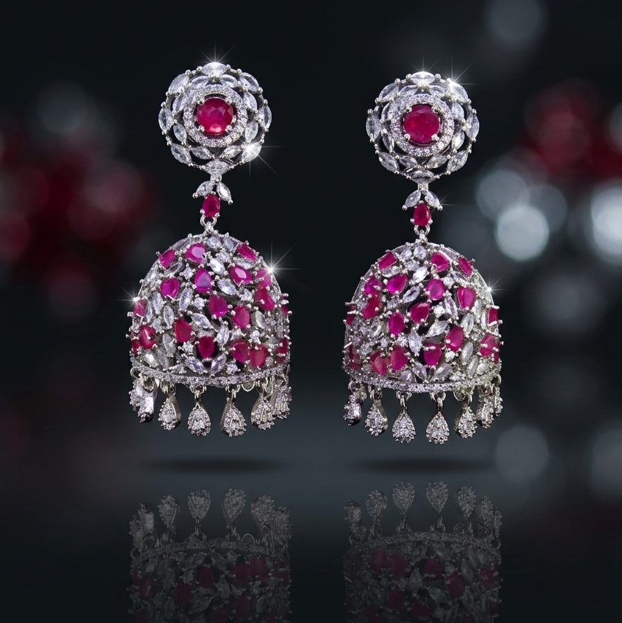 Pair of ornate earrings with pink gemstones and reflective surface