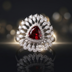 Elegant ring with a heart-shaped red gemstone and diamond-studded band on a dark background