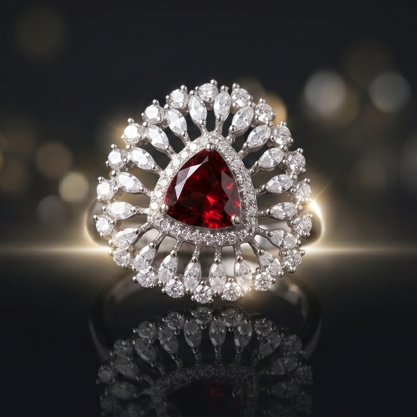 Elegant ring with a heart-shaped red gemstone and diamond-studded band on a dark background