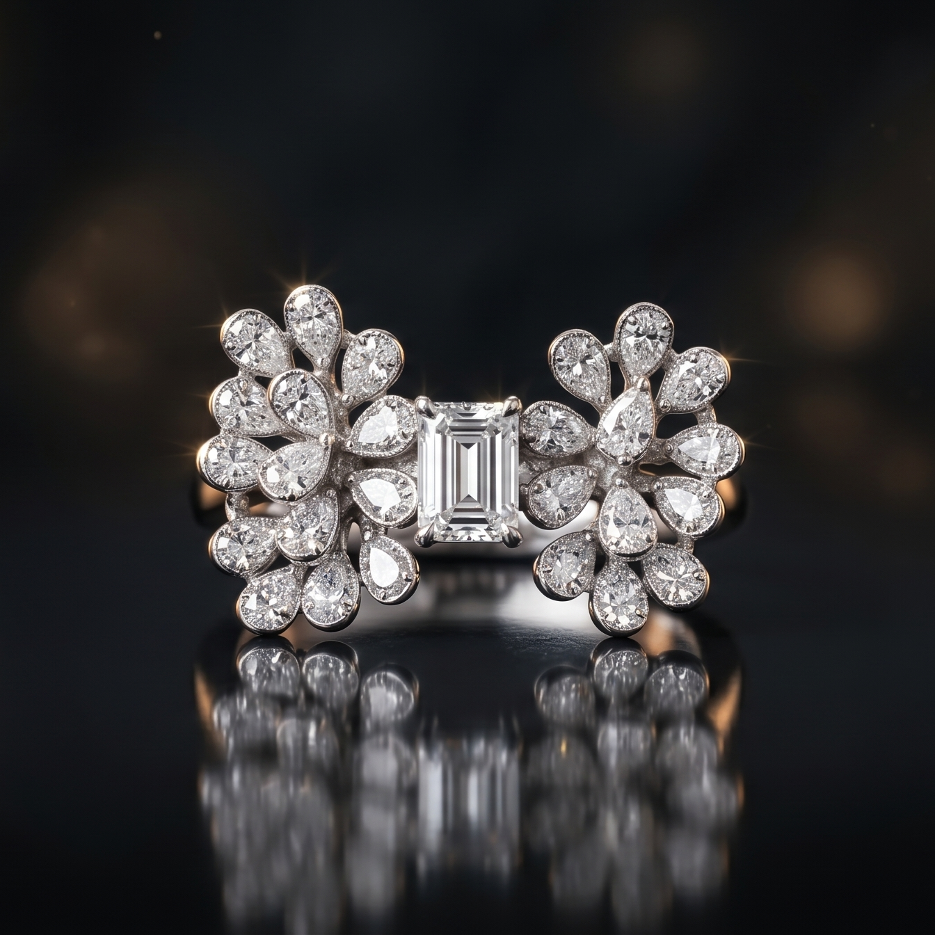 Diamond ring with floral design on a reflective surface against a dark background