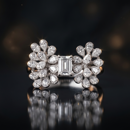Diamond ring with floral design on a reflective surface against a dark background