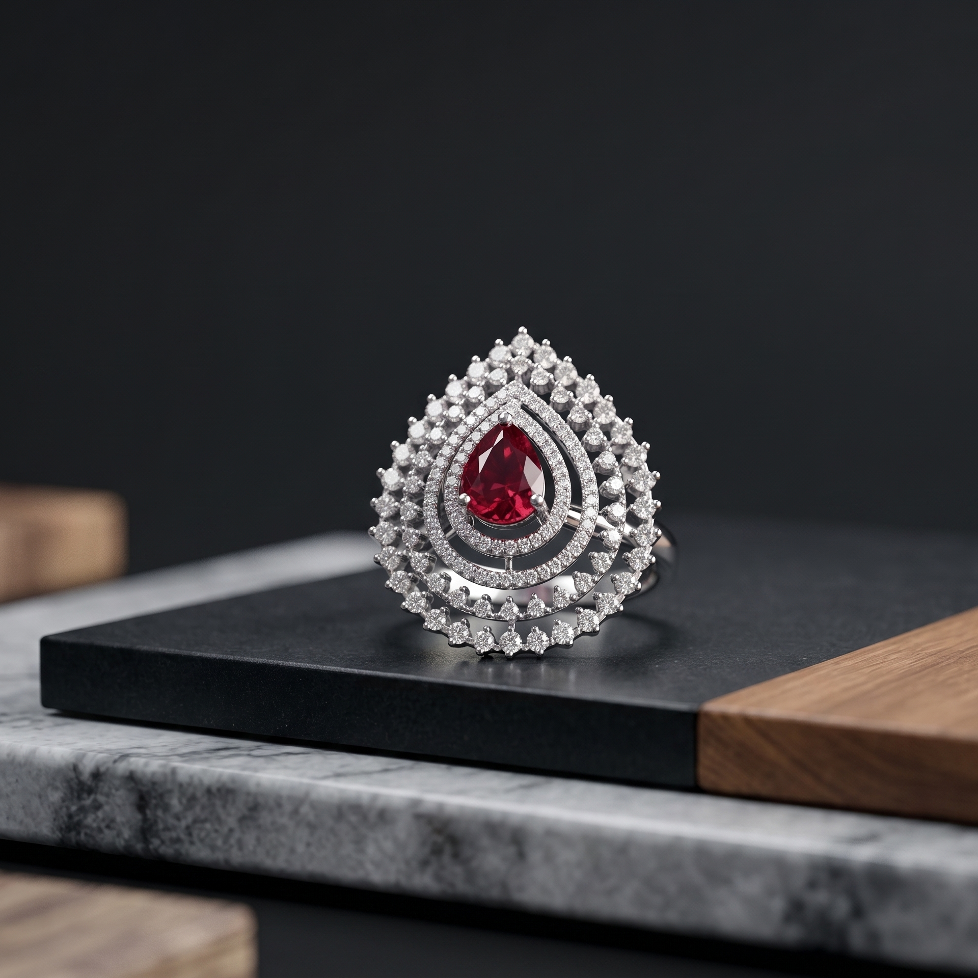 Elegant ring with a red gemstone and diamond accents on a dark surface.