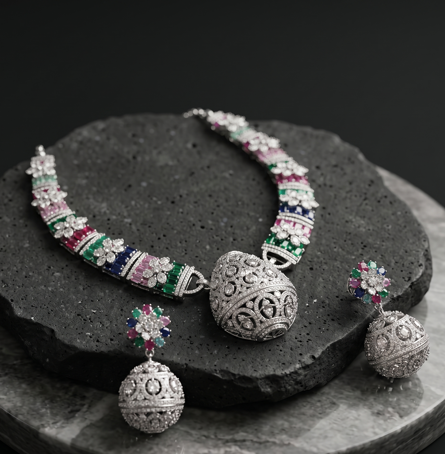 Silver necklace and earrings with colorful gemstones on a dark stone surface